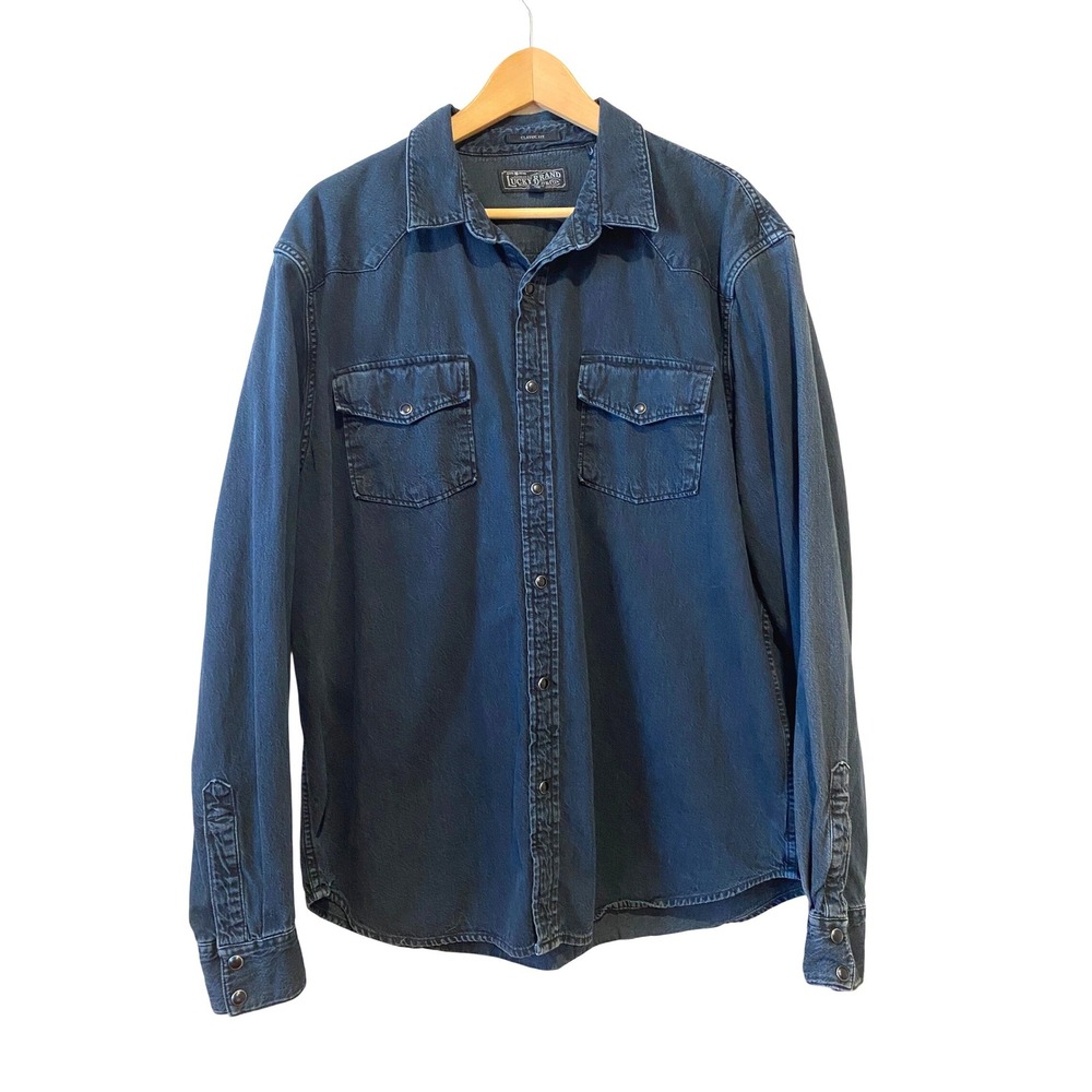 Lucky Brand Denim Western Shirt Sz‎ XL Blue Long Sleeve Snap Button Work Utility